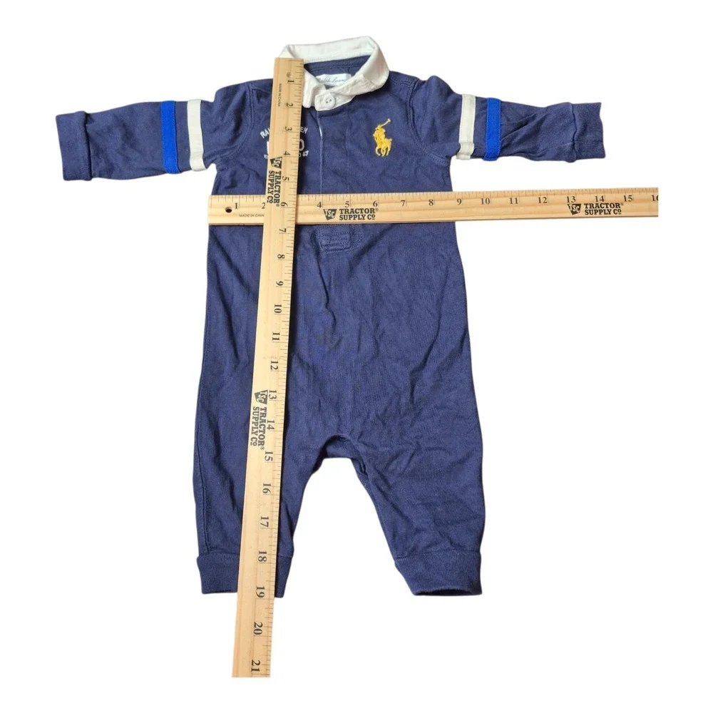 Ralph Lauren Polo Baby Boys 3M Rugby Romper Big Pony Blue Cotton One Piece‎